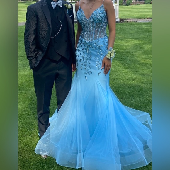 Jovani spaghetti strap Corset,V-neck, sequined beaded mermaid style prom dress. - Picture 1 of 5